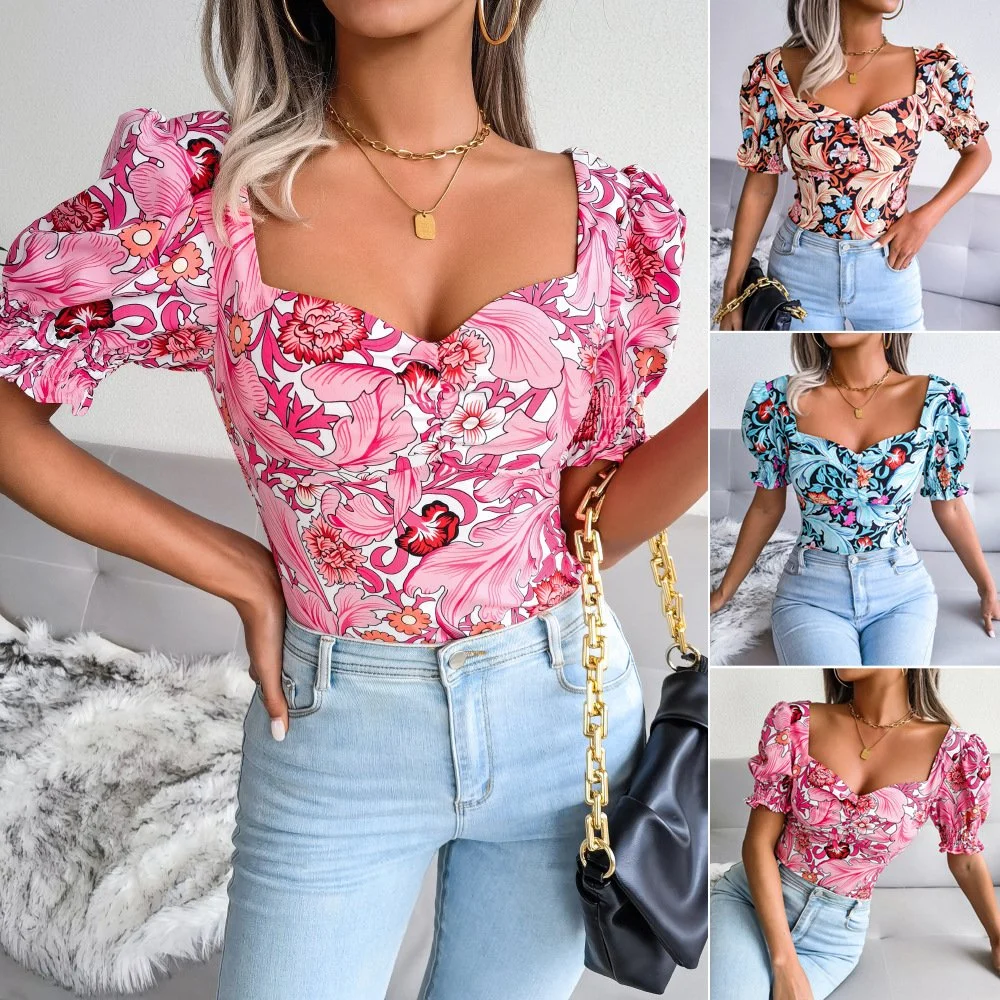 Ins Shot 2023 Spring and Summer New European and American Sexy Square Collar Floral Chiffon Shirt Top Cross-Border Women's Wear