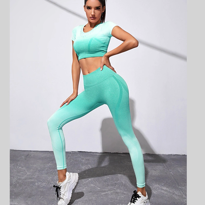 Gradient Seamless Sports Suit Women's Fitness Suit Short Sleeved Fitness Yoga Wear