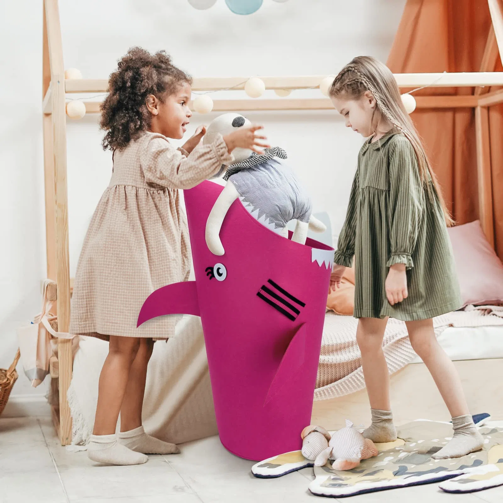 Pink Foldable Shark Shape Design Cute Felt Storage Basket