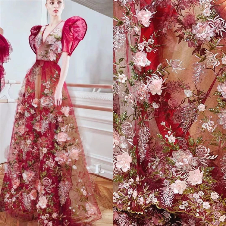 Moda 3D hechos a mano cordones bordado de encaje con flores de tela neta para vestidos de novia