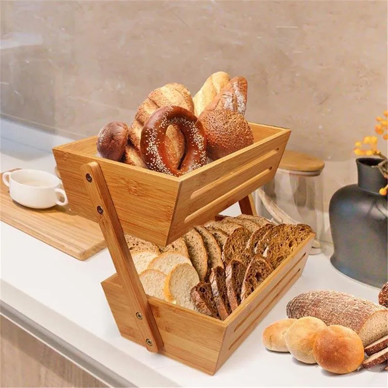 Wooden/Wood Basket/Stand/Tray with 2-Tier for Snacks/Bread/Fruit/Vegetable/Food/Drink Storage