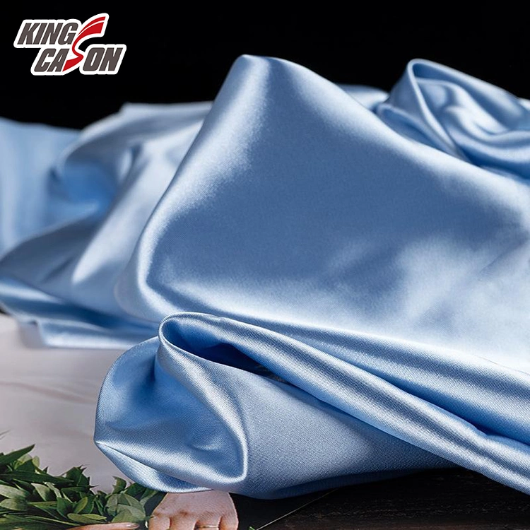 Kingcason Wholesale/Supplier 90g Fashion 100% Polyester Glossy Satin Fabric Apparel Blue Poly Shiny Satin Fabric for Dress Ribbon Bed Sheet