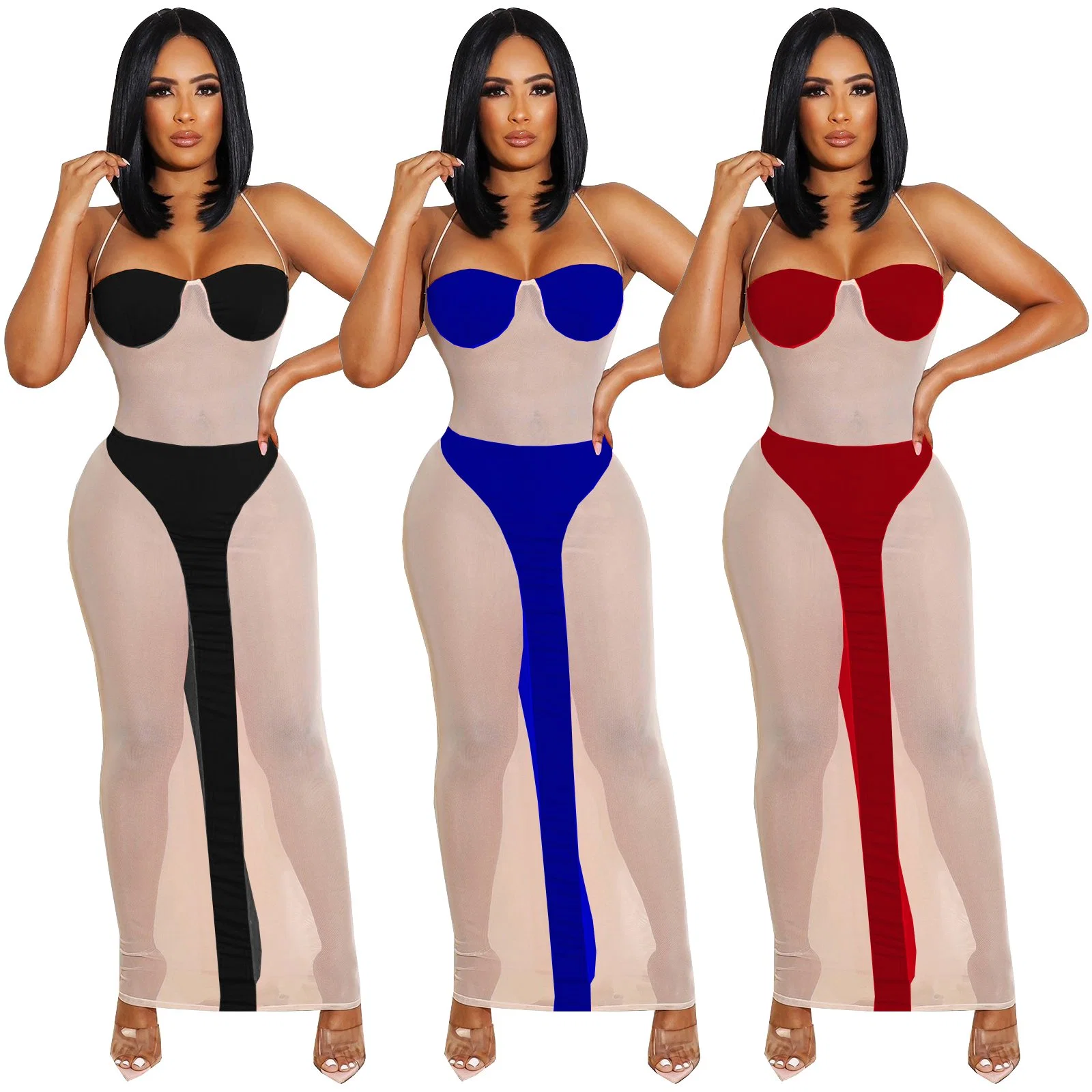 L51893 New Women Padded Color Block Boat Neck Halter Mesh Bodycon Long Dress Wholesale Prom Gown