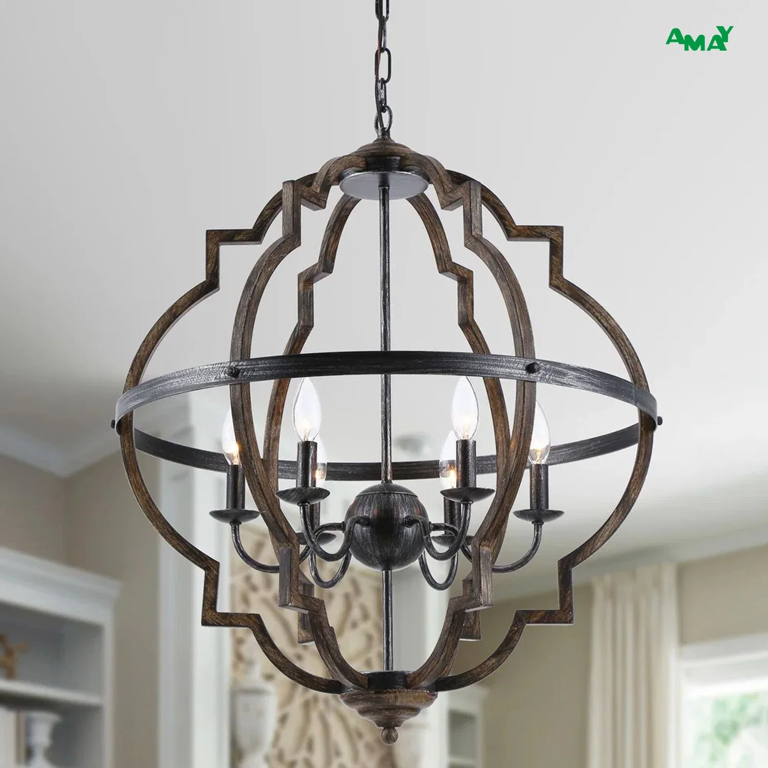 25" Industrial Linterna de grano de madera 6-Luz Chandelier colgante Luz