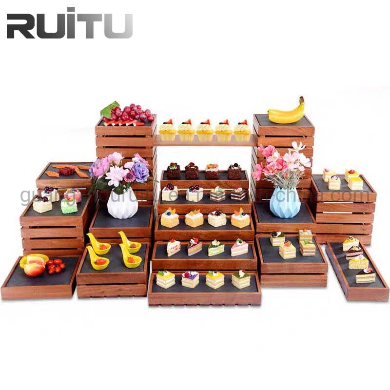 Buffet Catering Ausrüstung Party Kombinierte Tiers Edelstahl 3 Tiers Cupcake Stand Event Cake Server Set Holz Risers Display Holz Dessert Buffet Stand