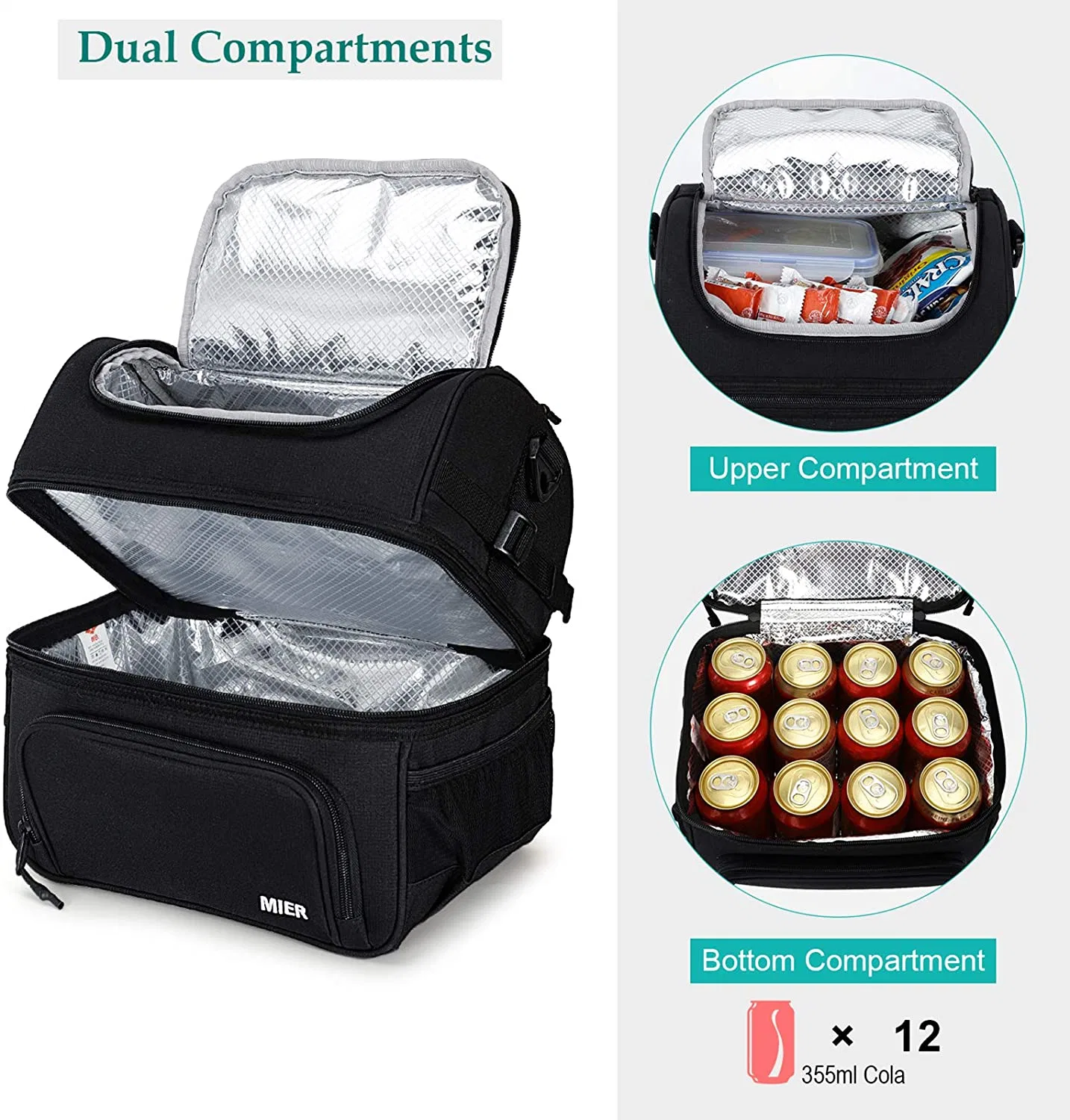 Dual Compartment Lunch Bag Tote with Shoulder Strap for Men and Women Insulated Leakproof Cooler Bag