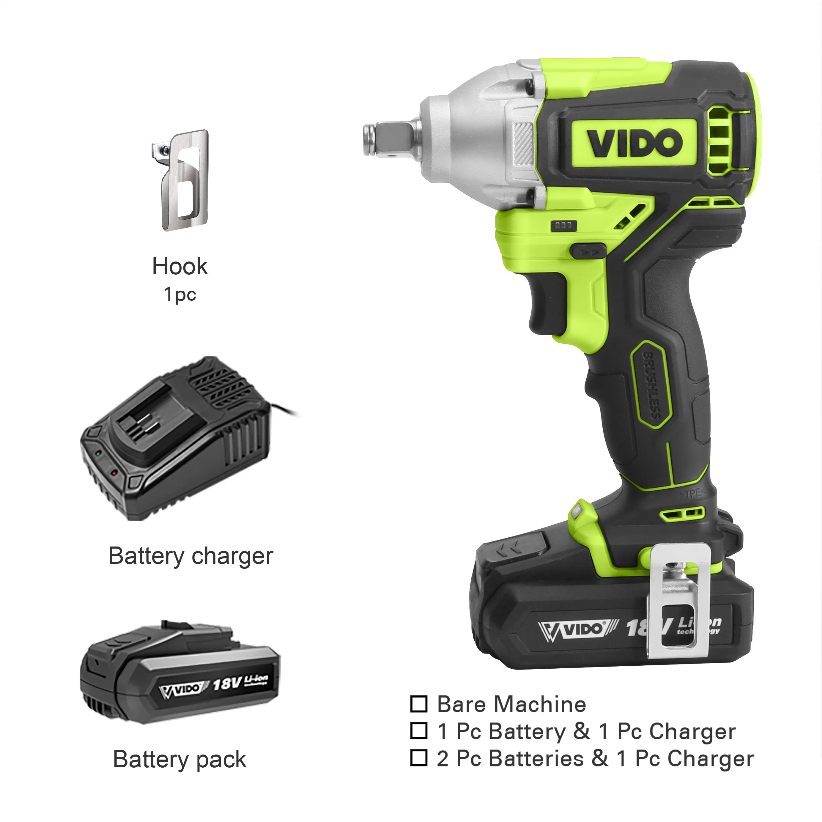 Vido 18V 400n. M Rechargeable Brushless Impact Wrench High Torque with Battery