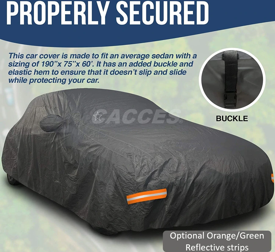 Protección de coche extra gruesa Cacces con forro de algodón de PVC de 250g, resistente para sedanes, SUV, MPV. Cubierta de coche impermeable con bolsillos para almacenamiento y rayas reflectantes en los espejos.