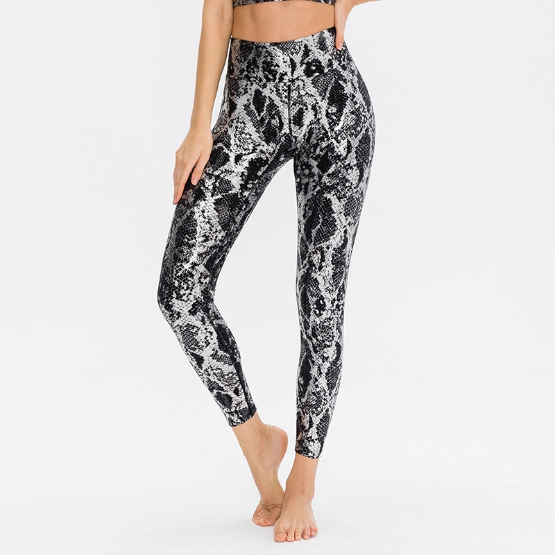 Pantalón de yoga con estampado de serpiente Mujer Brocade cepillado Tight Elastic Sports Pantalones de cintura alta elevación de cadera Fitness Leggings