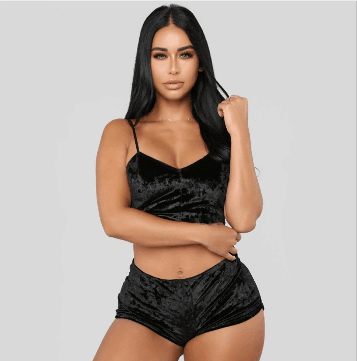 Wholesale/Supplier Velour Lingerie Onesie Velvet Underwear Set Pajamas Sleepwear Shorts Nightwear Camisole Strappy Babydoll for Women