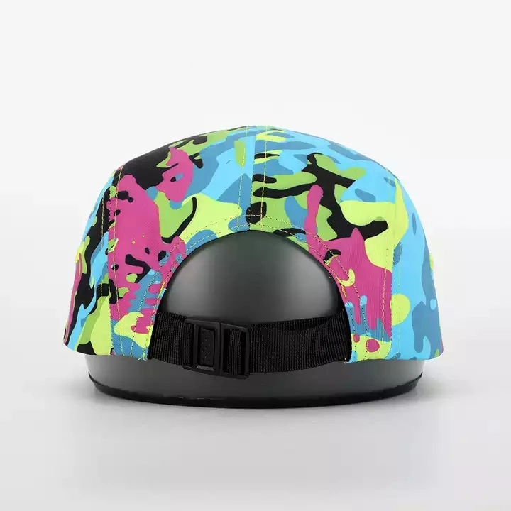 Custom Unstructured 5 Panel Cap Sublimation parche tejido impreso Logo Nylon Strap Camping Cap Quick Dry Sport Gorra de running