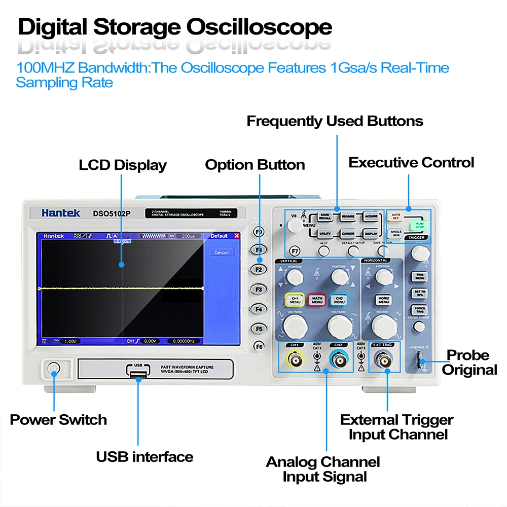 Hantek Dso5102p osciloscopio digital 100MHz 2 canales 1gsa/S tiempo real Velocidad de muestreo USB oscilocopio