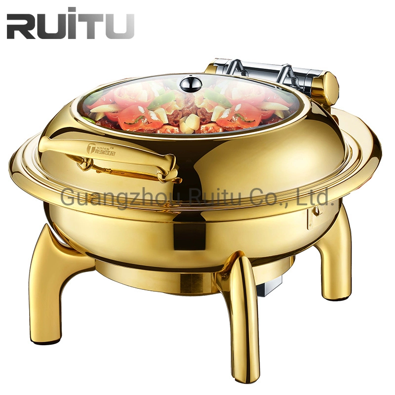 Hotel Restaurant Buffet Equipment List 6L Silver Stainless Steel Round Roll Top Glass Lid Buffet Warmer Chafer Stove Serving Set Chafing Dishes Buffet Utensils