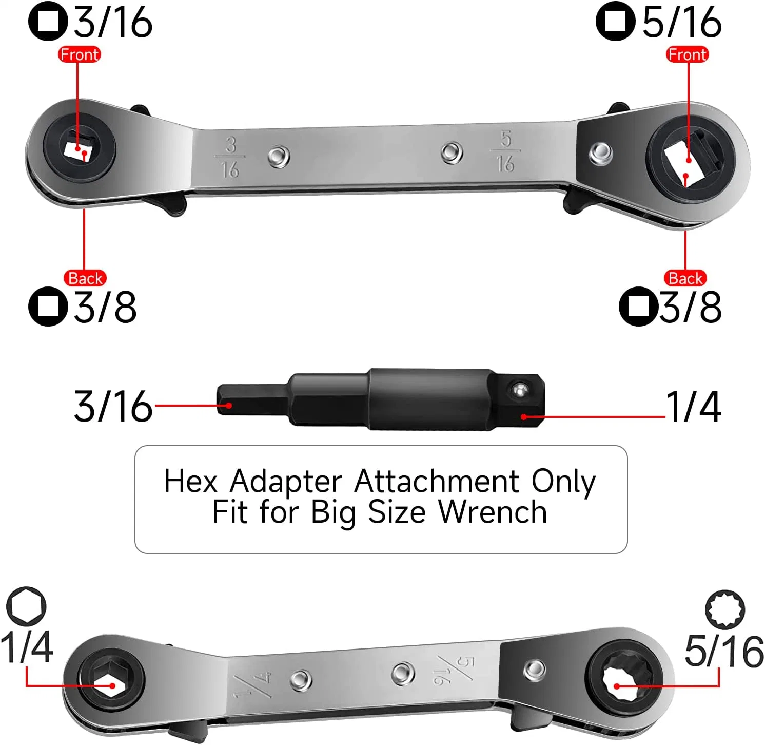 3/8 to 1/4, 5/16 X 1/4 Ratchet Stainless Steel Service Wrench with 2 Hexagon Bit Adapter Kit for Air Conditioning Refrigeratio