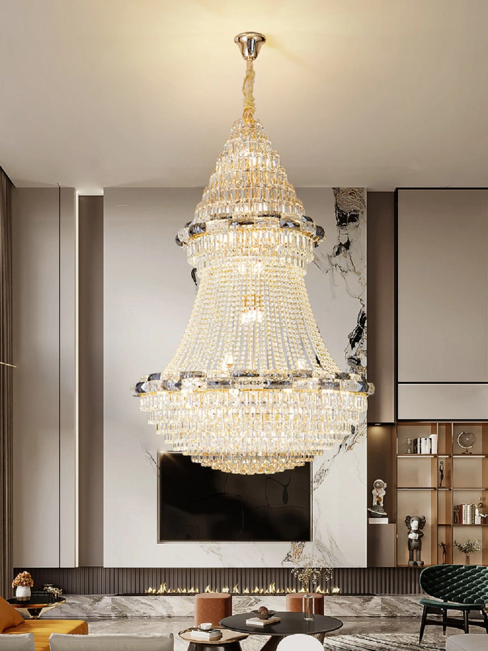 Nuevo diseño de interiores decorativos de metal dorado Candelabro Villa Loft de lujo gran vestíbulo grande LED lámpara de araña de cristal techo alto