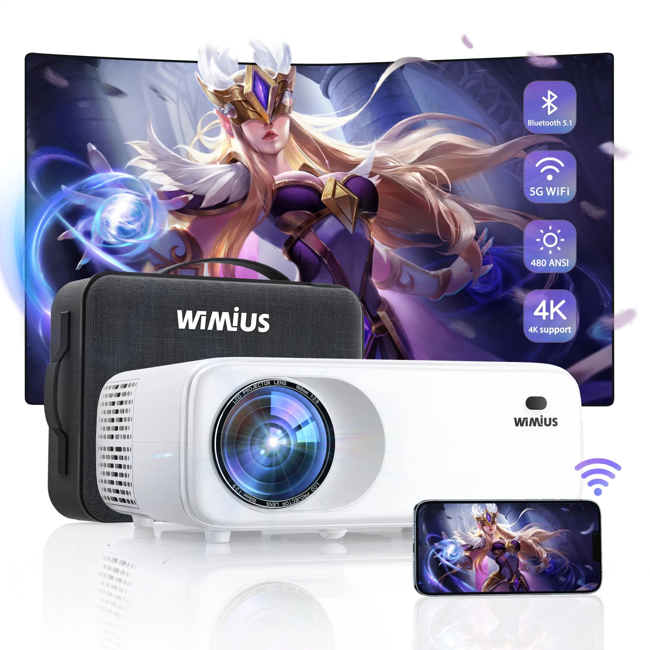 Support 4K pour projecteur Bluetooth 5g WiFi, 460 projecteurs de cinéma d'extérieur ANSI 1080P Wimius W6 avec écran 300", Keystone 4p/4D, zoom 50%, vidéoprojecteur COM