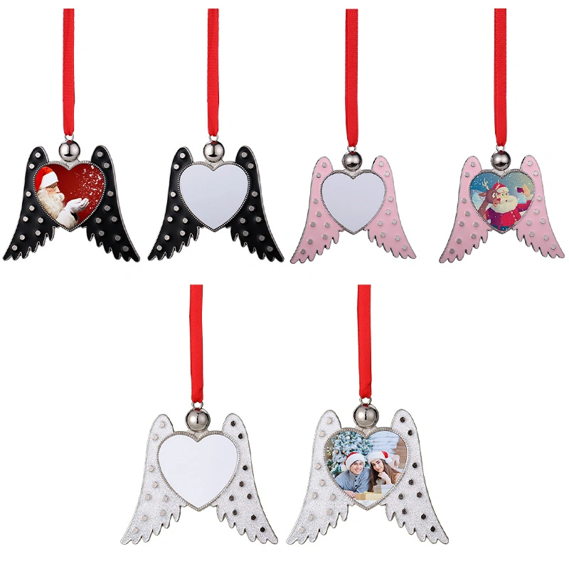 Heat Transfer Printing Metal Angel Wings Sublimation Blank Christmas Decoration with Red Rope Heart Shaped Christmas Pendant