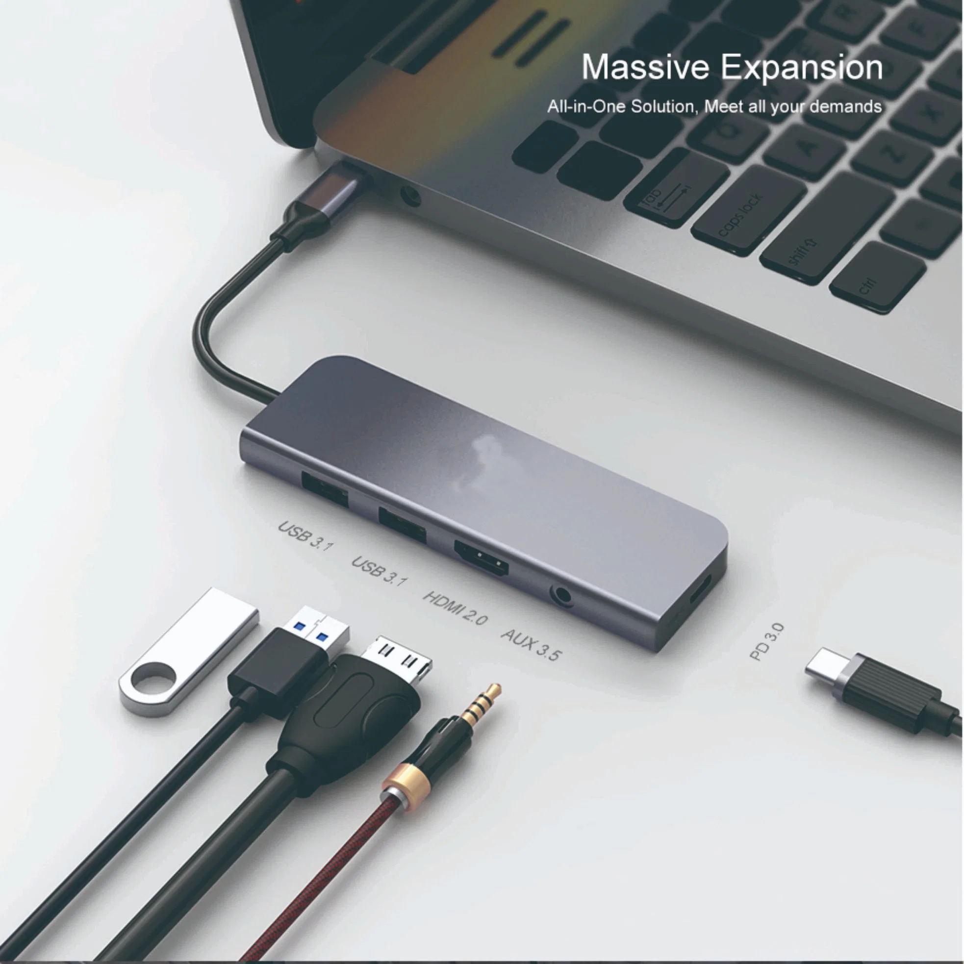 Multifunktionaler USB-Hub Typ C bis 2 x USB3,0 + HD + Audio + Pd + für iWatch Wireless Charger