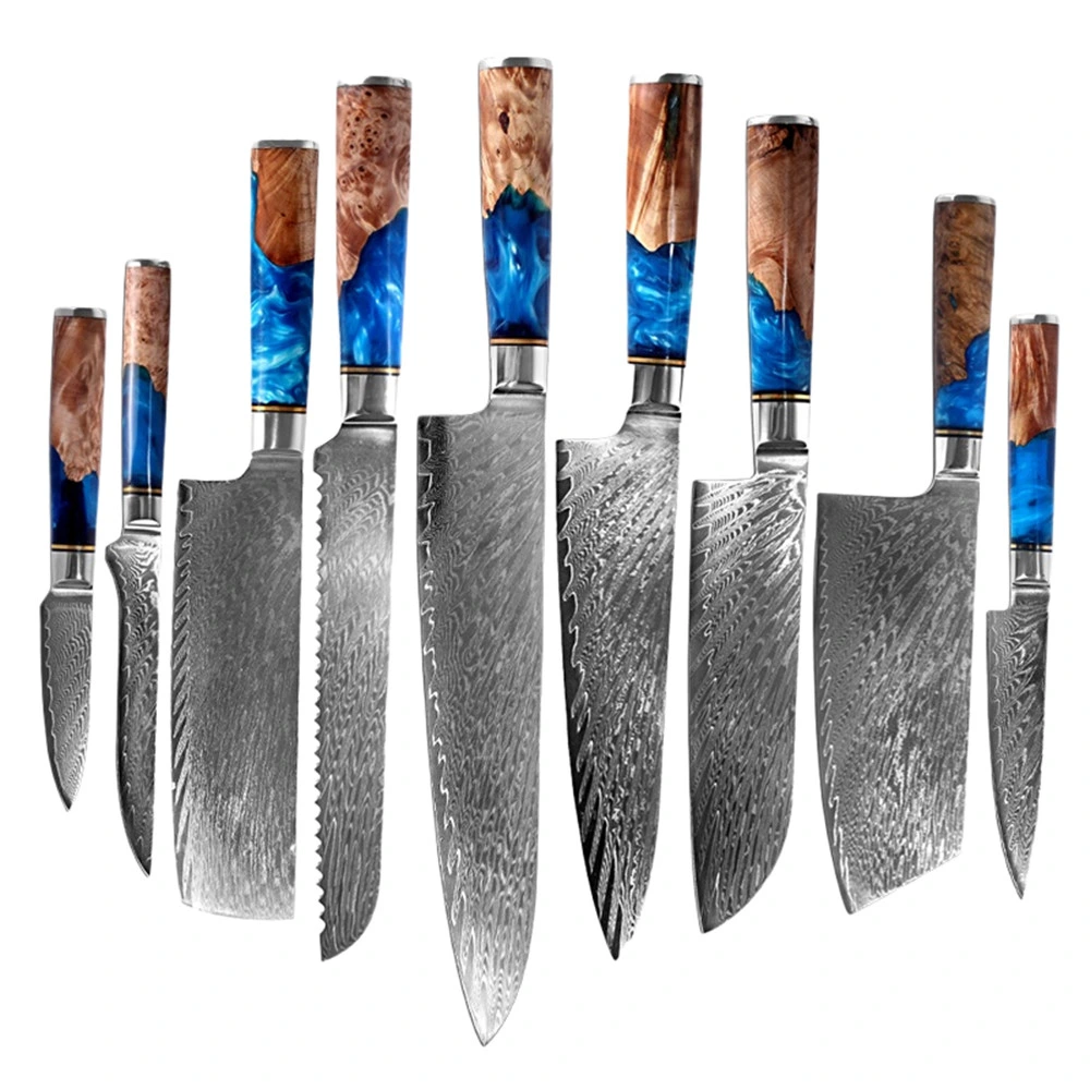 8" Damascus Steel Knife Kitchen Sets with Blue Resin Handle