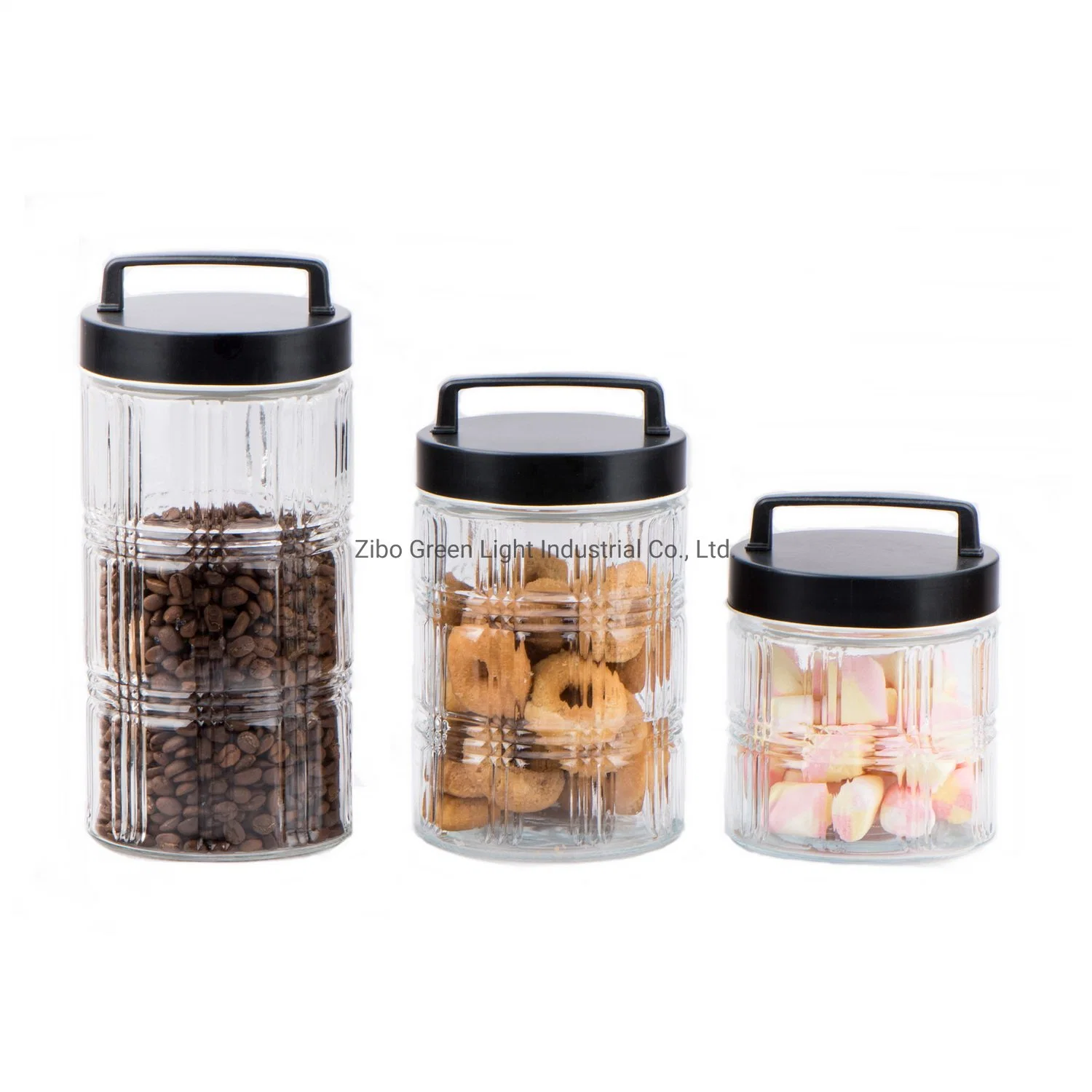 Embossed Glass Food Storage Jar with Black Metal Screw Lid