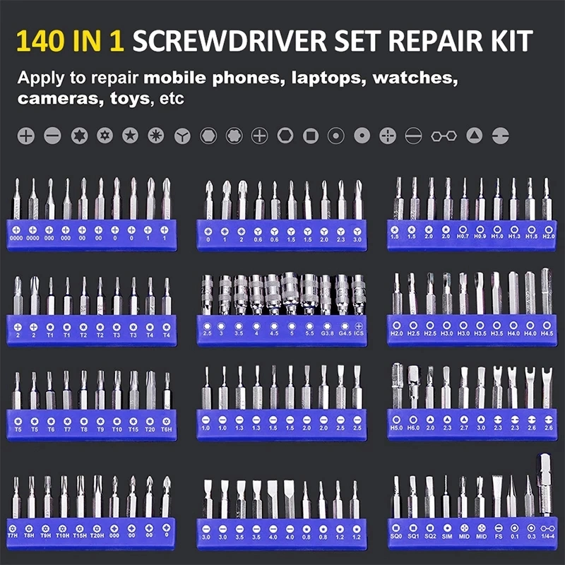 Precision Screwdriver Set 140 in 1 Cr-V Screwdriver Bit Magnetic Torx Hex Screw Driver Bits Electronics Repair Tool Kit