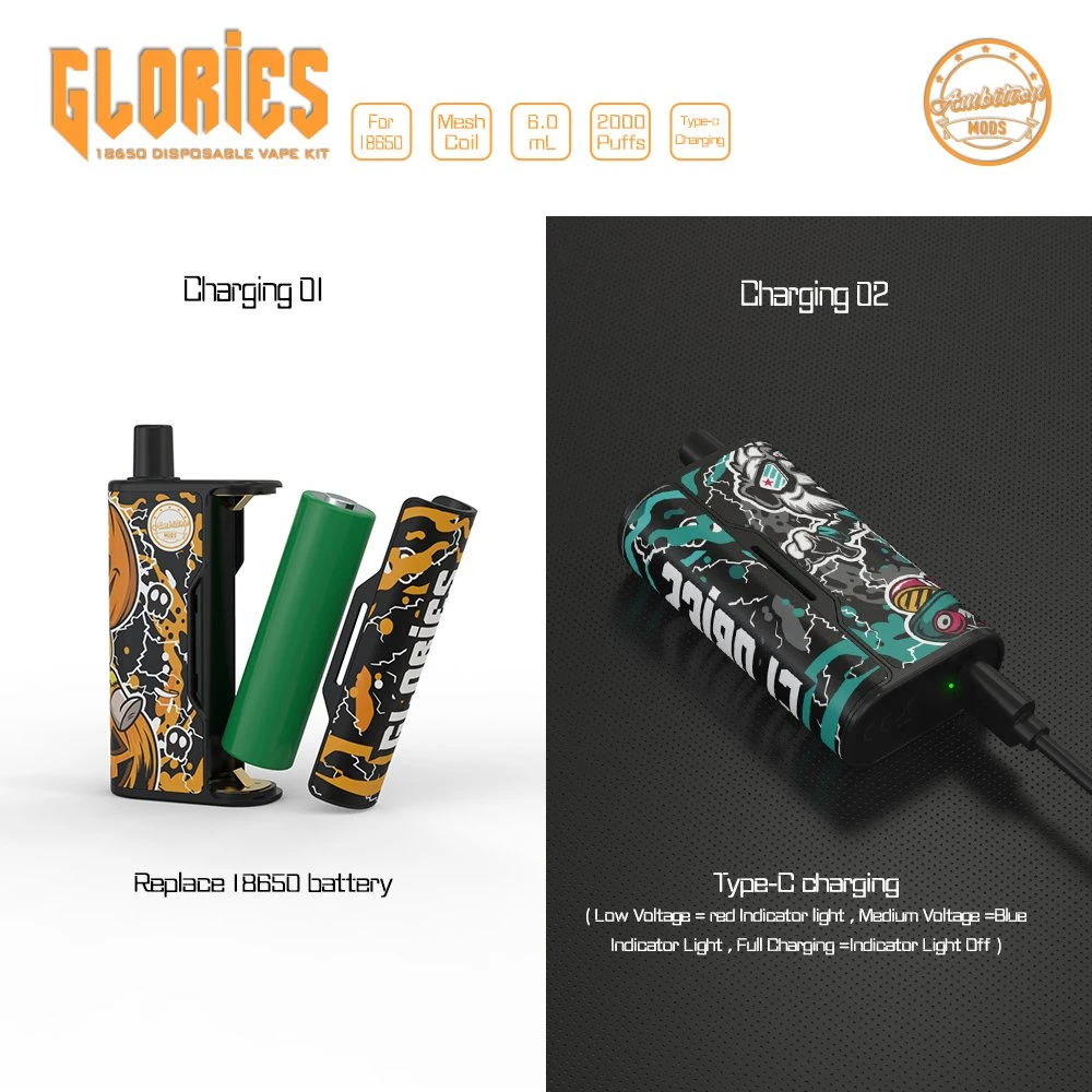 Glorias desechables desechables de portátil 18650 Kit de Vape ambición Mods 2000 inhalaciones Atomizer