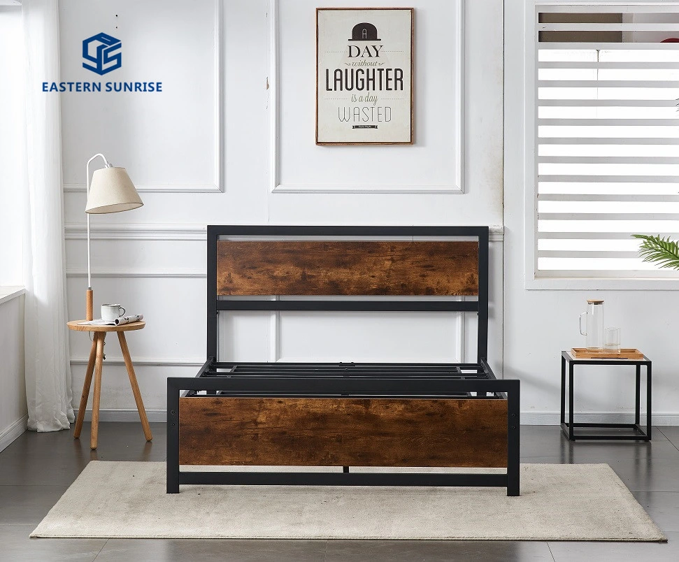 Cadres de lits métalliques lourds avec tête de lit en bois, mobilier de chambre simple/double