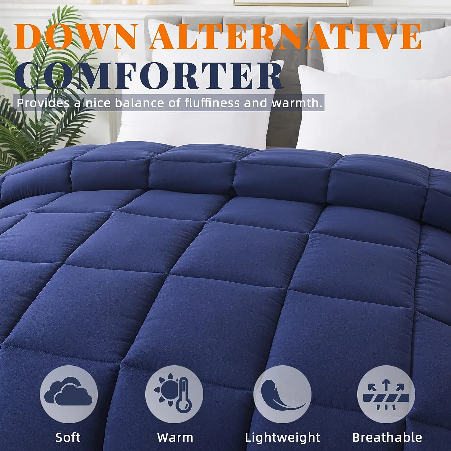 Down Alternative Comforter (Blue/Grey, King) - All Season Soft Quilted King Size Bed Comforter - Duvet Insert with Corner Tabs - 102X90