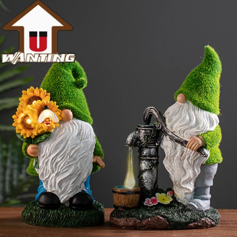 Harz Fairy Garden Kunstrasen Gnome Pressing Wasser Hausdekoration Solarlicht