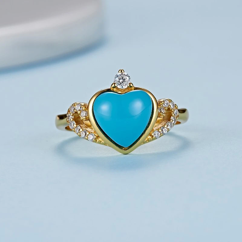 Mujer Elegante anillo de dedo corazón cortar piedra turquesa anillo plata