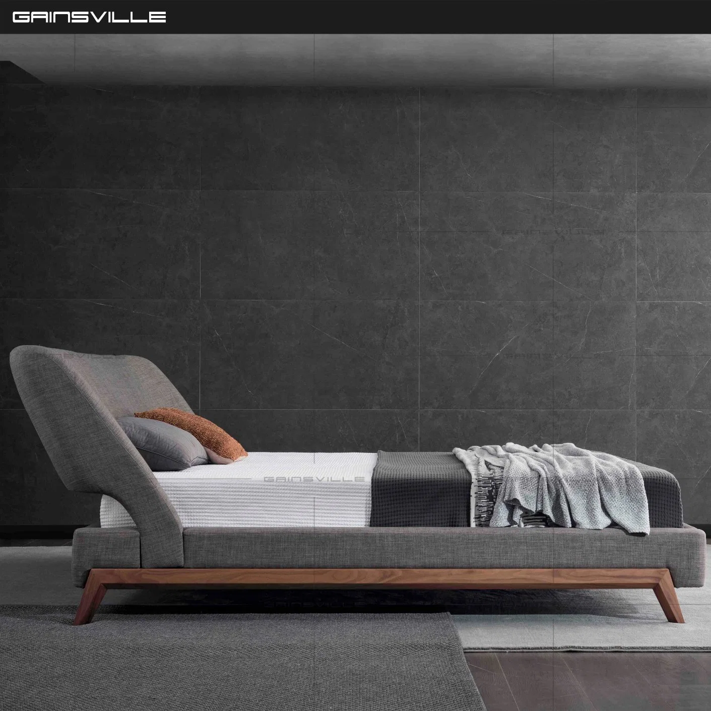 Cama King Size luxo moderno com cama com Nice folheado de madeira de nogueira pernas para Mobiliário doméstico