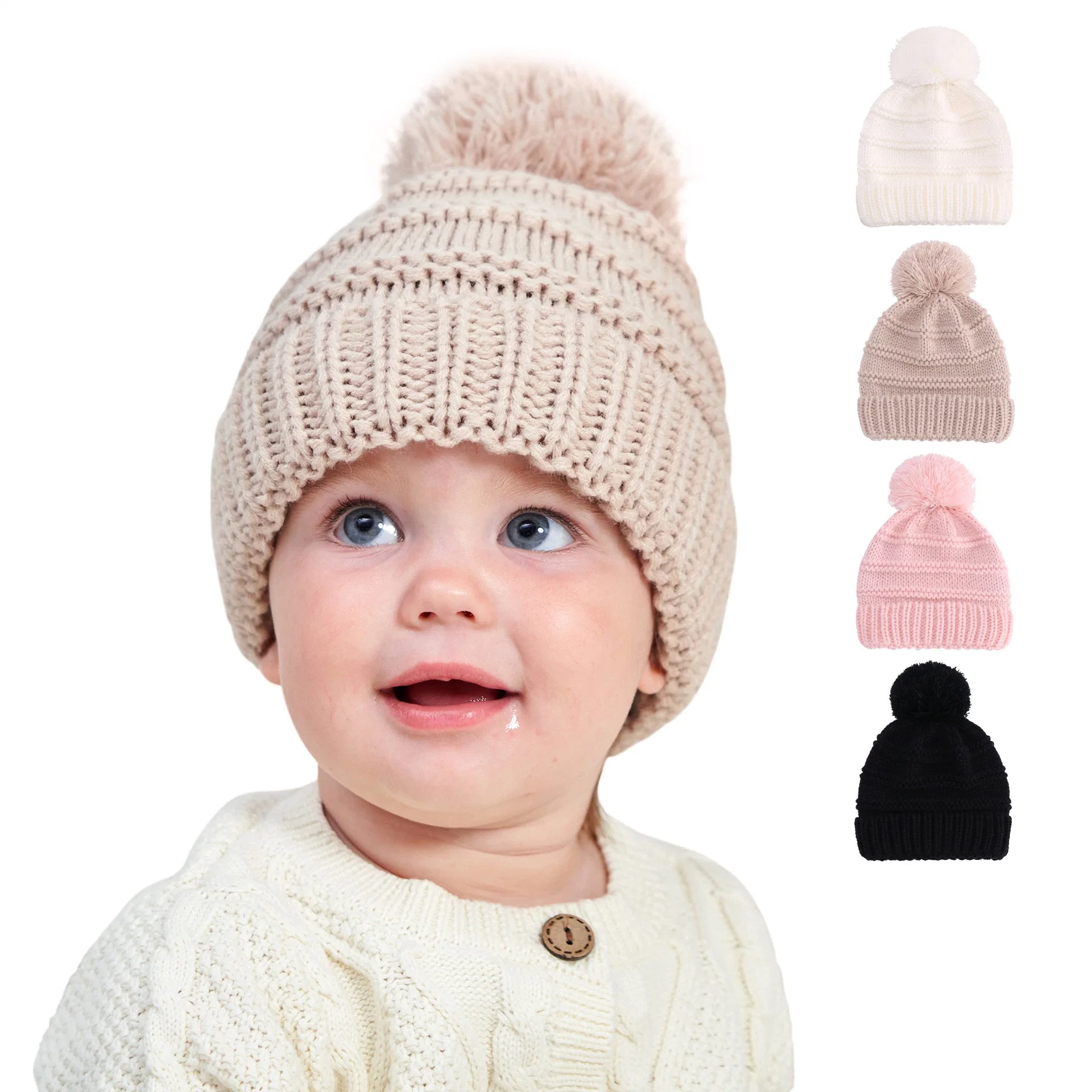 Customized High Quality New Born Baby Children POM POM Baby Ear for Girls Wool Winter Hats Knit Beanie