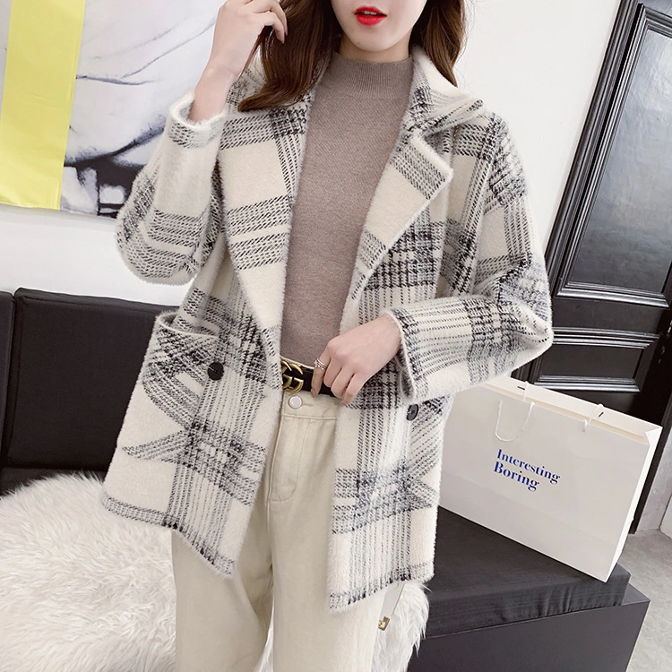 2023 Spring Wear New Korean Version of The Long Fashion Imitation Sable Knitted Coat Plaid Sweater Coat Female Thickening Tide