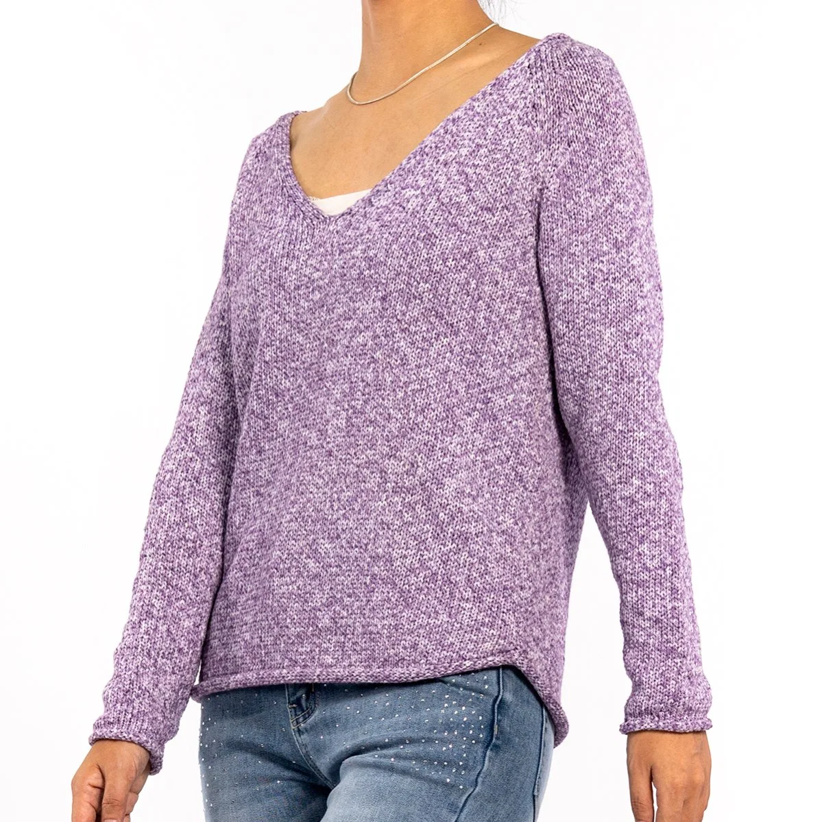 Moda Otoño Morado V-Neck Slim Enrollada larga manga para Mujeres de moda