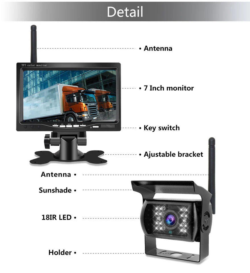 Wireless Digital Flip Mirror Front Rear Side View Camera 7inch Auto Reverse Camera with Monitor System