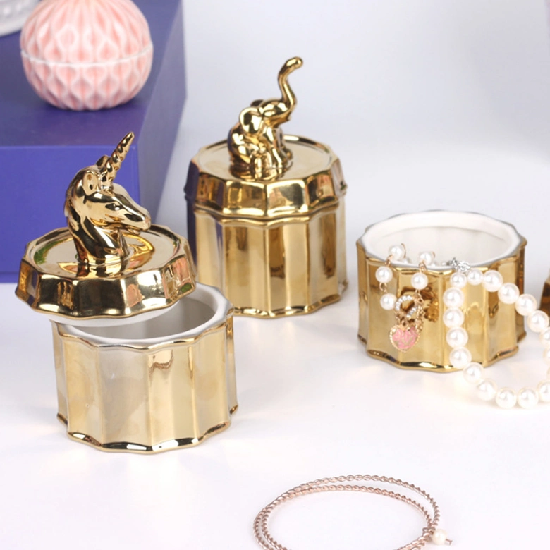 Cerâmica personalizado Plating Golden Porcelana Unicórnio Animal Shape jóias penduradas Organizador de armazenamento