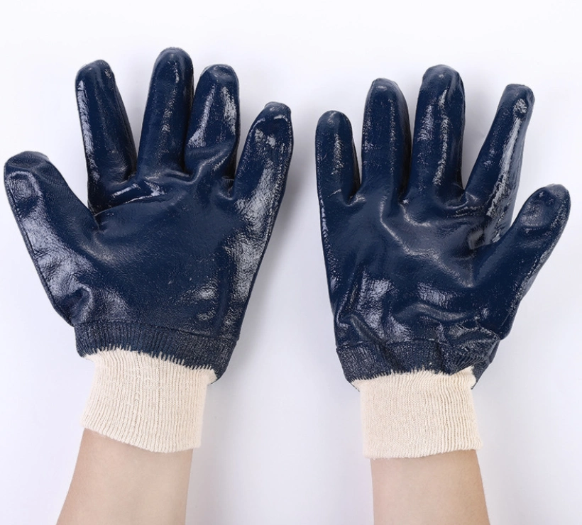 Safetree Heavy Duty Knitted Wrist Blue Nitrile Coated Jersey Cotton Liner Gloves Nitrile 3/4 Dipped Gloves PPE Safety Gloves