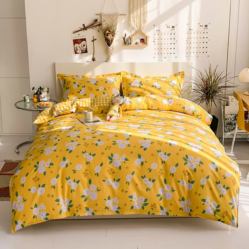Yellow Small Flower Printing Cotton Bedsheets Comforter Bedding Set 4 PCS Modern Floral Print Bed Spreads Sets