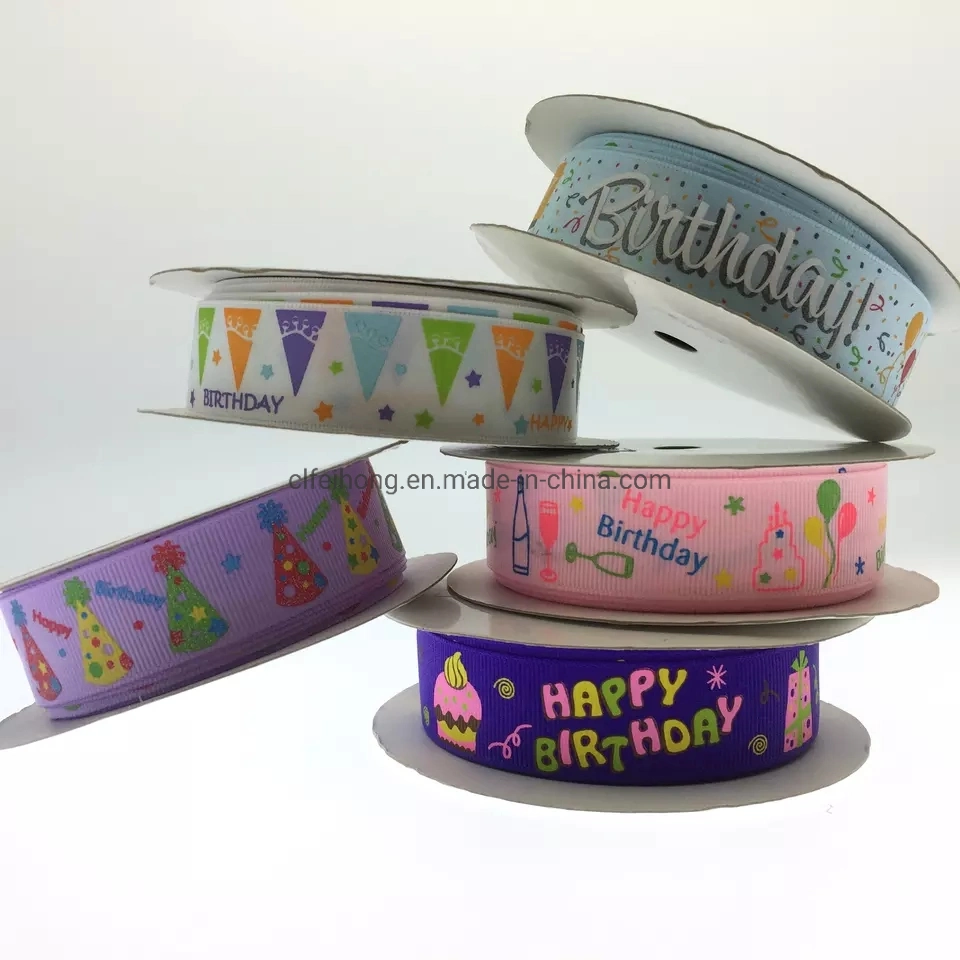 OEM ODM Customzied Logo Printed Ribbon Grosgrain Ribbon Happy Birthday Gift Packing Cake Decoration