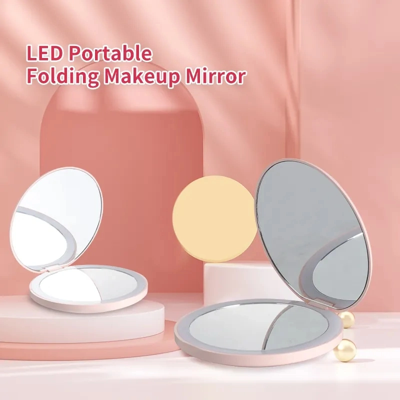 Nuevo diseño de patrón de círculo Floral rosa blanca de 1X3X Mini magnético espejo de maquillaje de viaje compacto de bolsillo LED iluminado Espejo para bolso