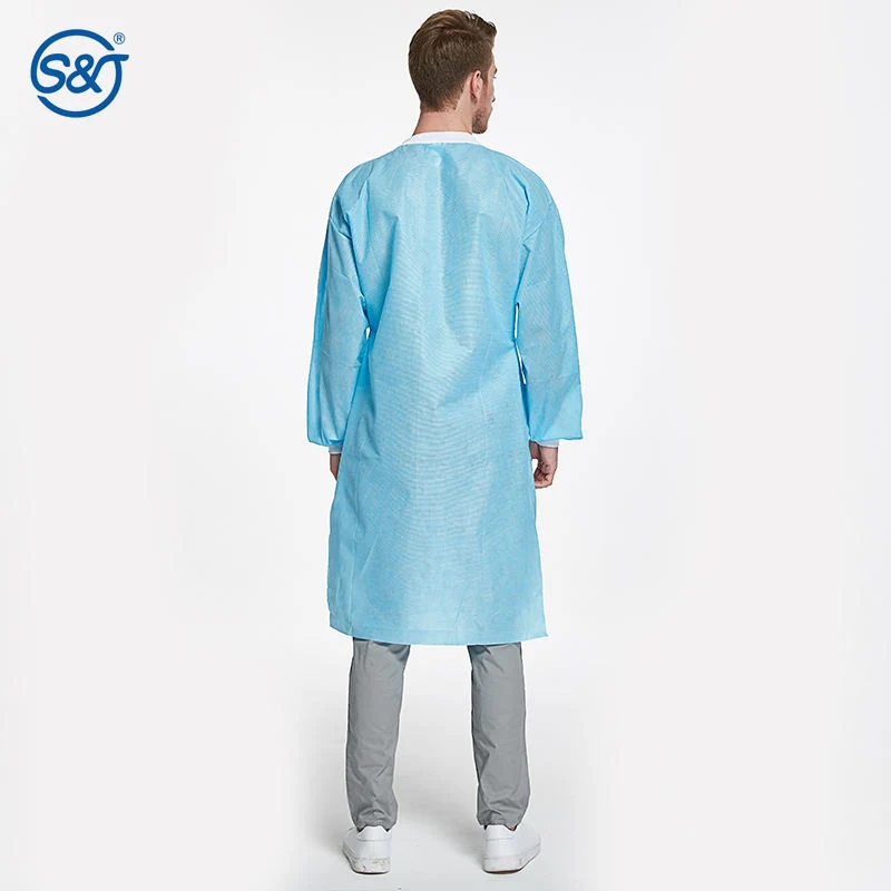 SJ Disposable Clothing Blue Pink SMS Breathable Fluid Resistant Lab Coat with Pockets Knitted Collar and Cuffs