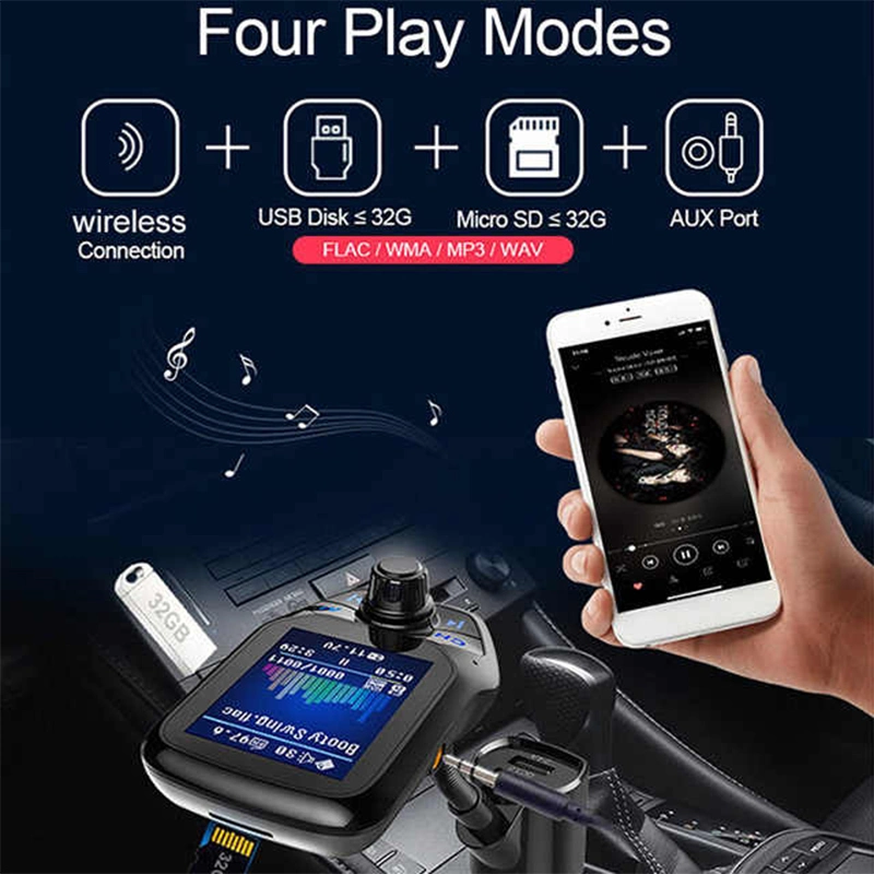 USB QC3.0 Car MP3 Player FM Transmitter Car Charger with 1.8&prime; &prime; TFT Color Display