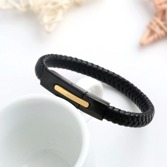 Fashion Jewelry Men's Stainless Steel Pure Leather Bracelet
