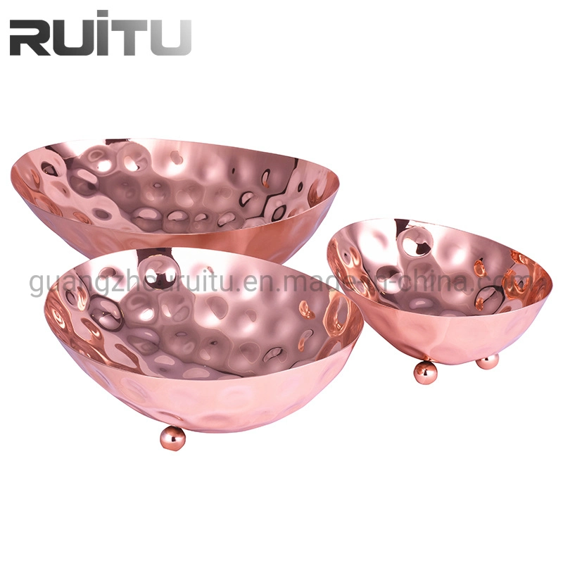 Arabic Table Decorative Restaurant Luxury Food Display Buffet Catering Equipment Hand Hammered Fruit Salad Bowl Set Rose Gold Metal Stainless Steel Salad Bowl
