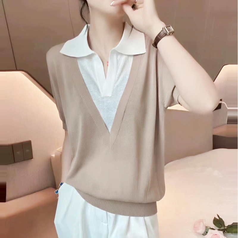 Foreign Style V Half Open Polo Lapel Color Knitted Shirt Female 2023 Summer Clothes New Soft Waxy Loose Thin Model Blouse