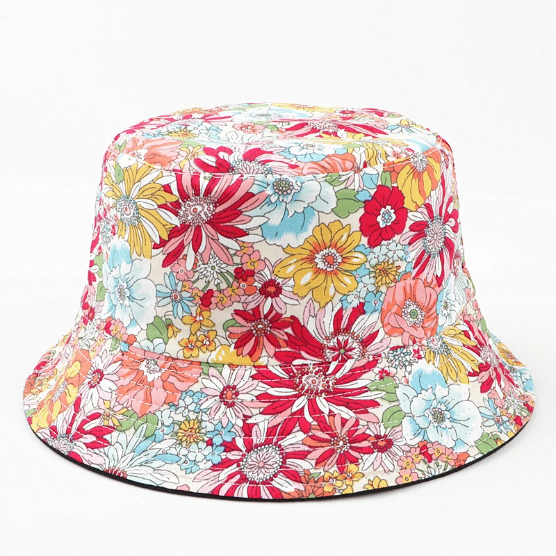 Chapeau seau tissé à imprimé floral en poly coton à double couche pour femme.