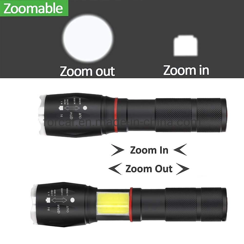 Linterna táctica de calidad T6 para acampar, recargable, lámpara de LED resistente al agua, potentes luces de trabajo magnéticas COB con advertencia roja, linterna LED zoomable