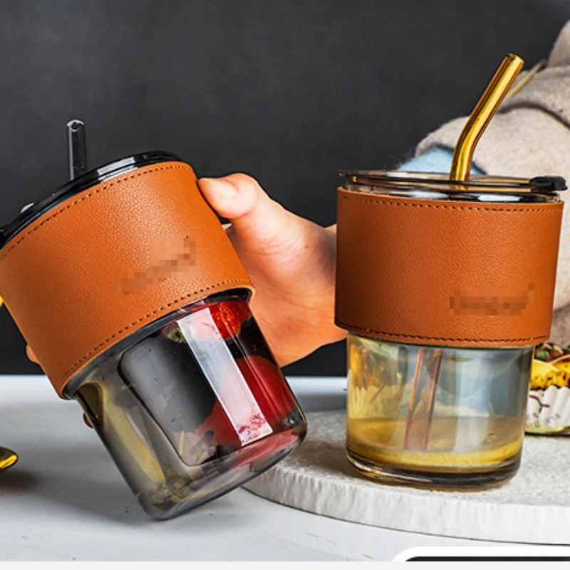 Portable Creative Glass Coffee Cups with Lid and Straw Glass Cup with Leather Sleeve