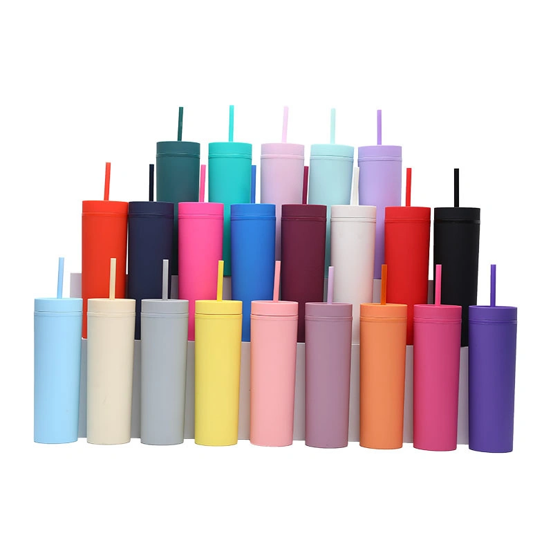 Customized Slim Skinny Acrylic Pastel Colored Semi-Matte Tumblers 16oz Plastic Reusable Tumbler Cups with Straw