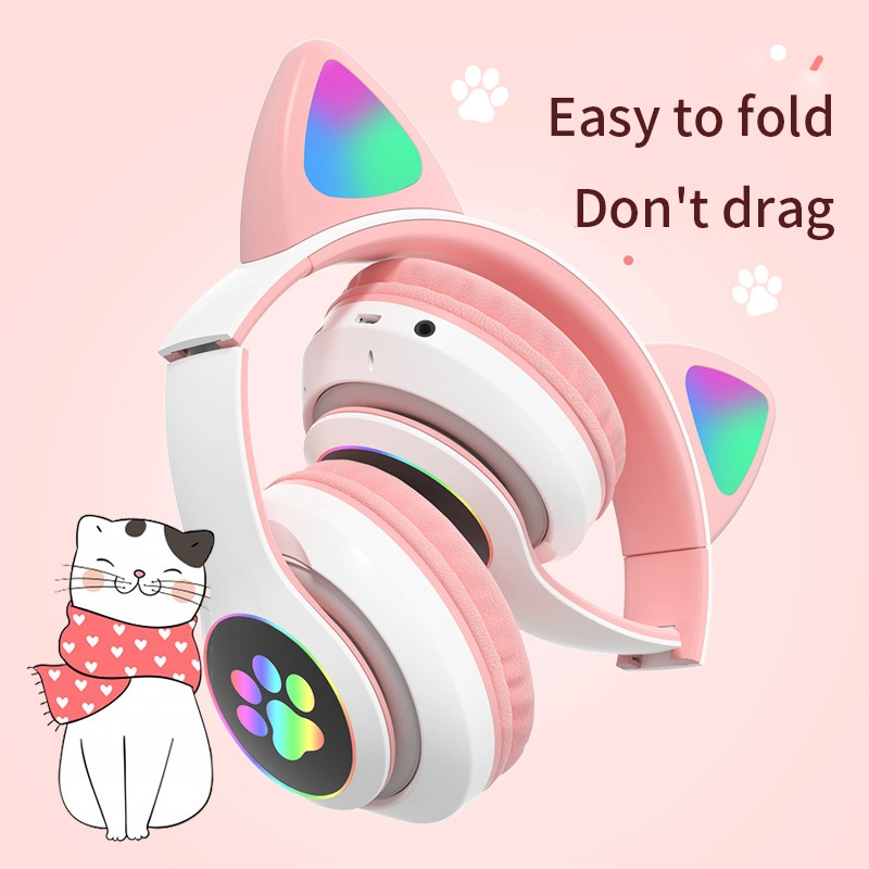 Cute LED Glowing Cat Ear Heavy Bass Stereo Wireless 5.0 Overhead Headphone with Mic for Childern Gift